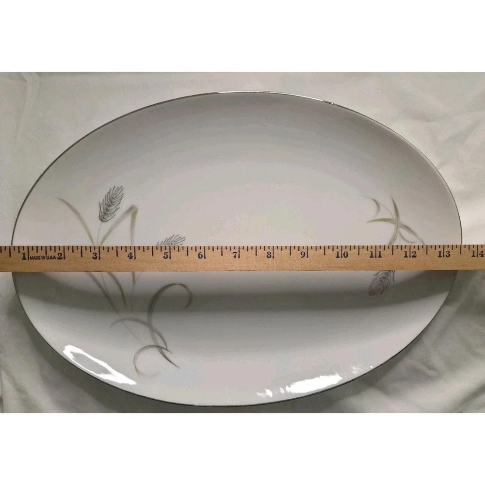 Vtg Mid Century Harvest Wheat China Oval Serving Platter Platinium Trim Japan 14